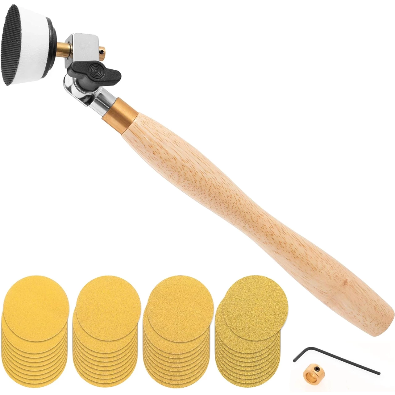 2 inch Diameter Bowl Sander with Dual Bearing Head and 2 inch Foam Hook and Loop Sander with 1/4 inch Mandrel and 9 inch Long Hardwood Handle